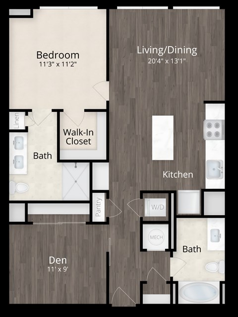 Floor plan for 1 bed, 2 baths, 869 sqft